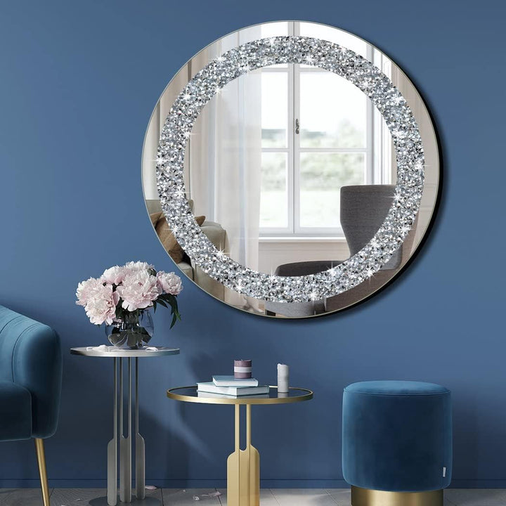 QMDECOR Crystal Crush Diamond Sparkly Round Silver Mirror for Wall Decoration 50,8 x 50,8 x 2,5 cm W