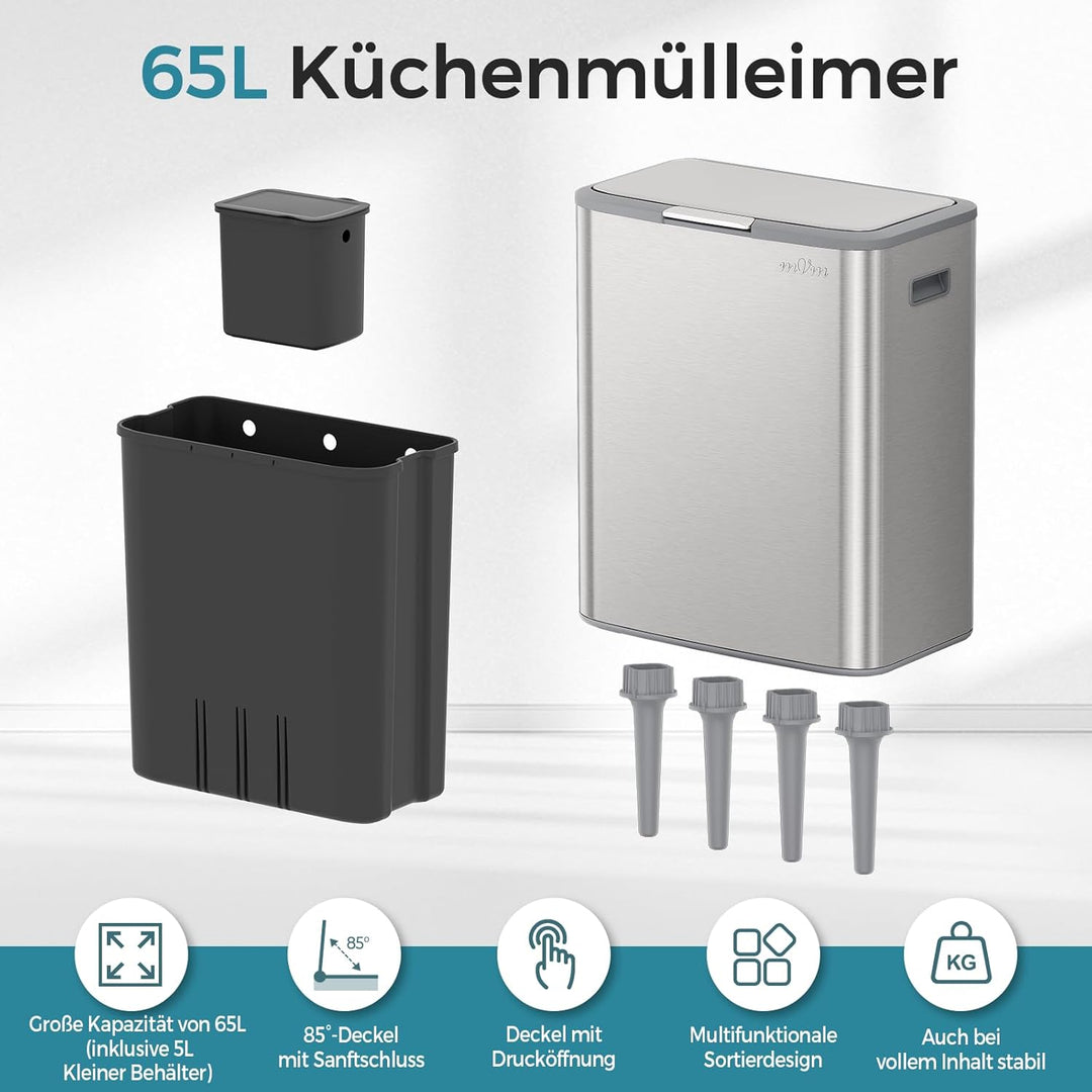 mVm Mülleimer, 65L, 2-in-1 Abfalleimer zur Mülltrennung inkl, Mülleimer mit Deckel, Abfalleimer mit