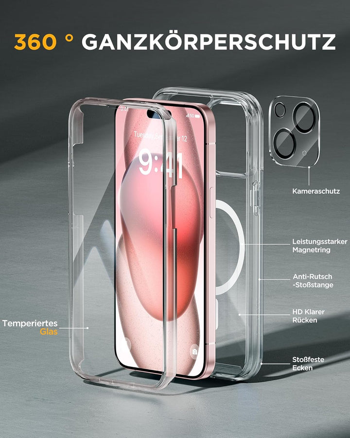 Miracase 360 Grad für iPhone 15 Hülle Magnetisch mit Eingebaut Glas Schutzfolie und Kameraschutz, Ko