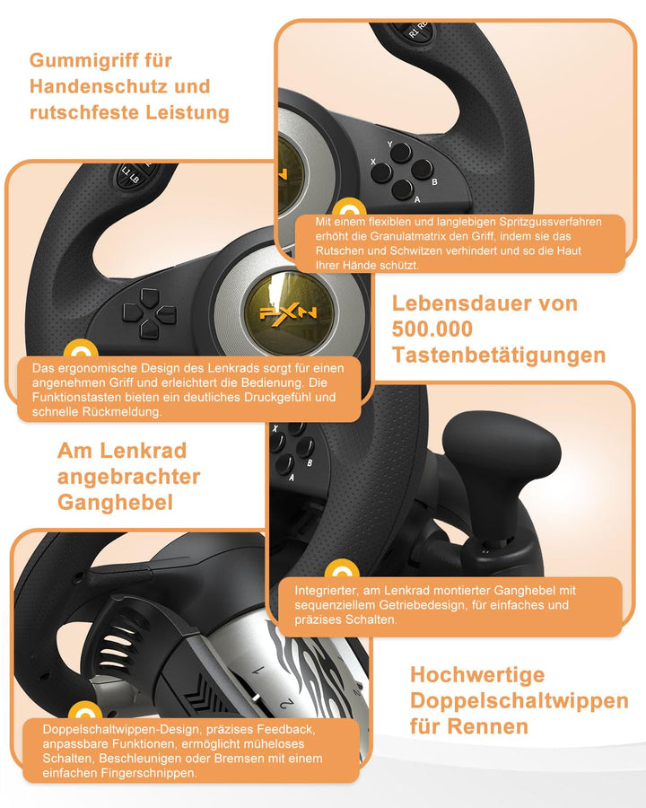 PXN V3 Pro Gaming Lenkrad mit Pedalen - 180°, Vibrationsfeedback, Integrierter Schalthebel, Paddle S