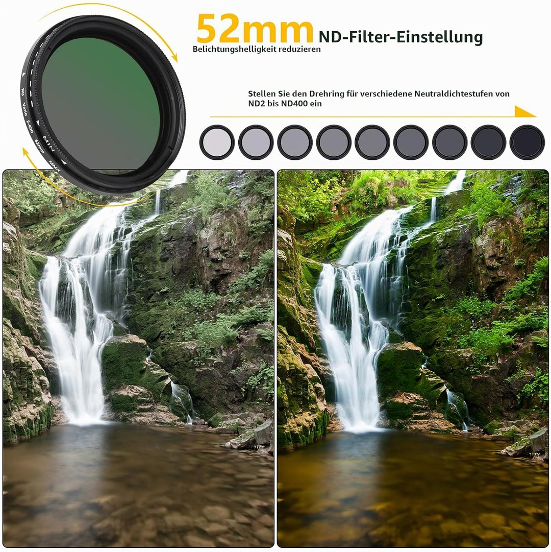 Variabler ND2-ND400-Filter, 52 mm, ultradünn, mehrfach beschichtet, verstellbar, Neutraldichtefilter