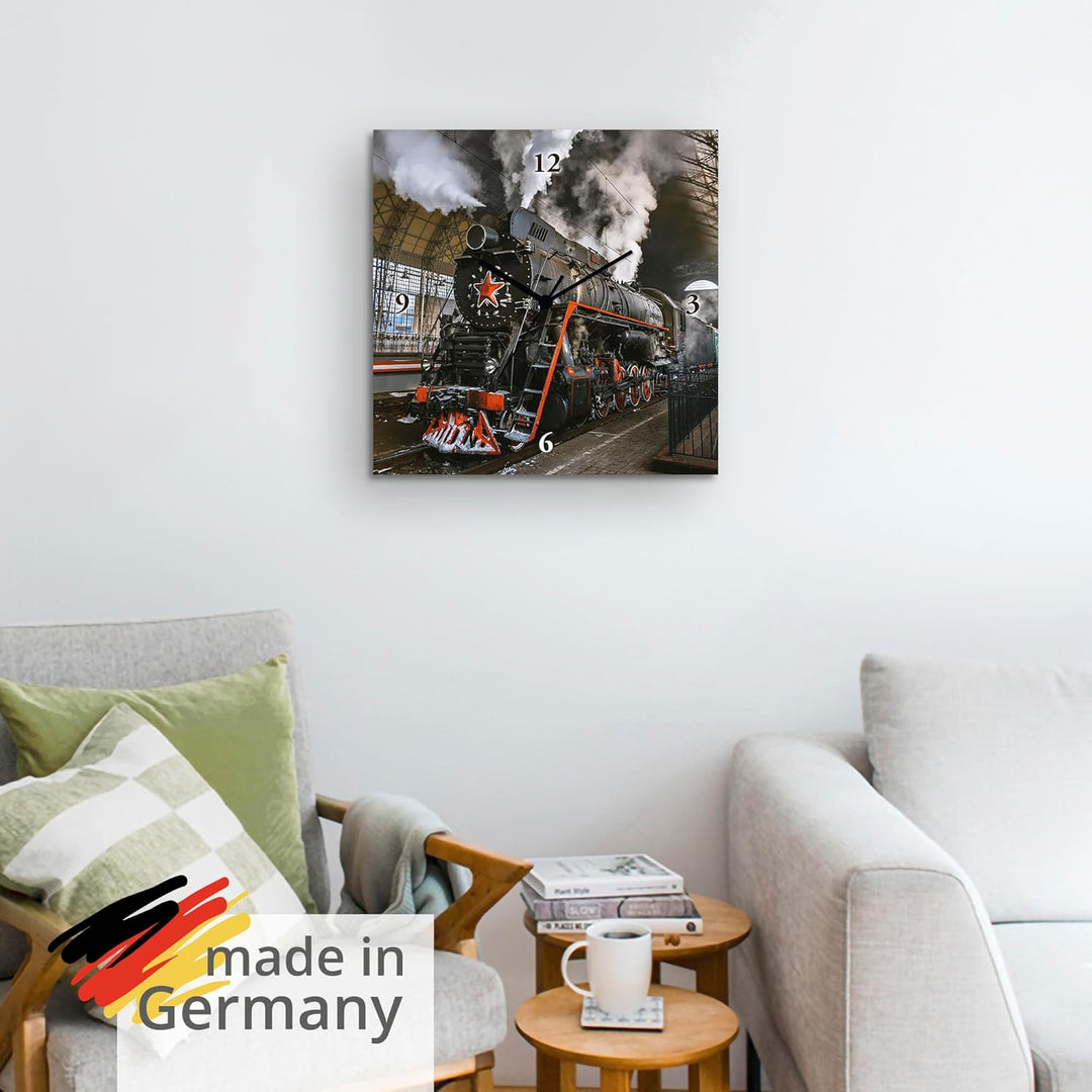 ARTLAND Wanduhr ohne Tickgeräusche Leinwand Quarzuhr 30x30 cm Quadratisch Lautlos Lokomotive Eisenba