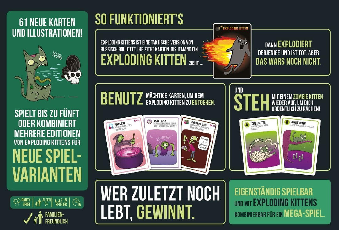 Exploding Kittens, Zombie Kittens, Partyspiel, Kartenspiel, 2-5 Spieler, Ab 7+ Jahren, 15 Minuten, D
