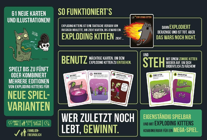 Exploding Kittens, Zombie Kittens, Partyspiel, Kartenspiel, 2-5 Spieler, Ab 7+ Jahren, 15 Minuten, D
