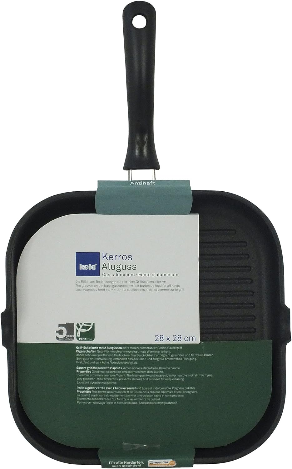 Kela 15156 Grill-Eckpfanne, 2 Ausgüsse, Antihaftversiegelung, Aluguss 5 mm, Induktionsgeeignet, 28 x