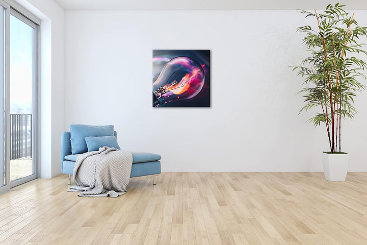 brennende Glühbirne Format: 70x70 als Leinwandbild, Motiv fertig gerahmt auf Echtholzrahmen, Hochwer