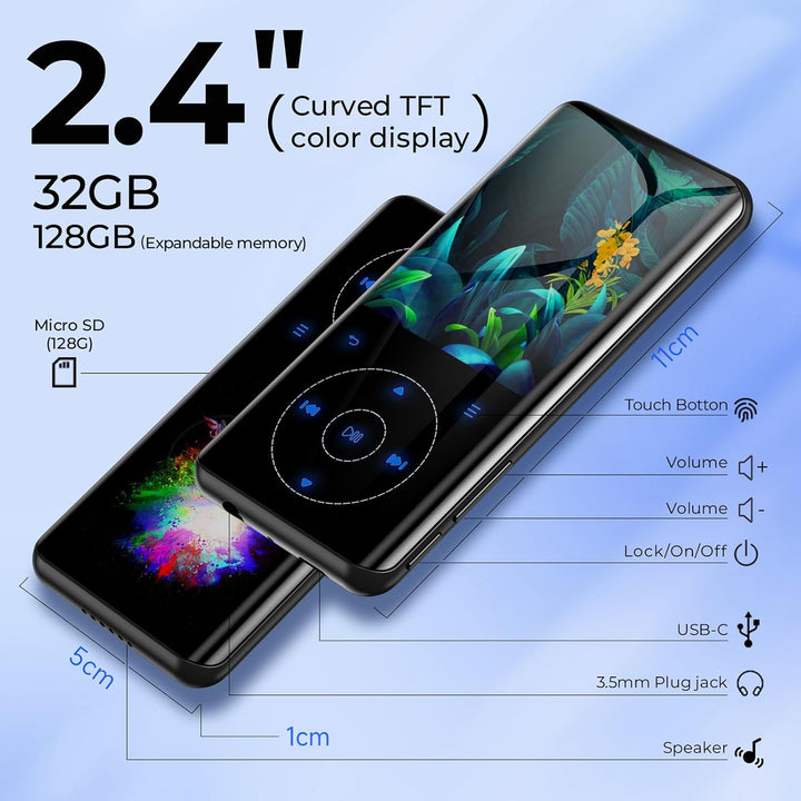 Metallgehäuse 32GB MP3 Player Bluetooth 5.3 mit 2,4 Zoll Display & gebogenem Design, HiFi Sound, Tou