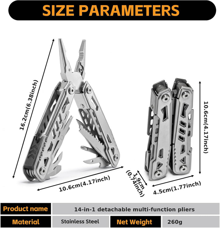 14-in-1-Multitool mit Messer – Multifunktionales EDC-Werkzeug aus Edelstahl Silber 02, Silber 02