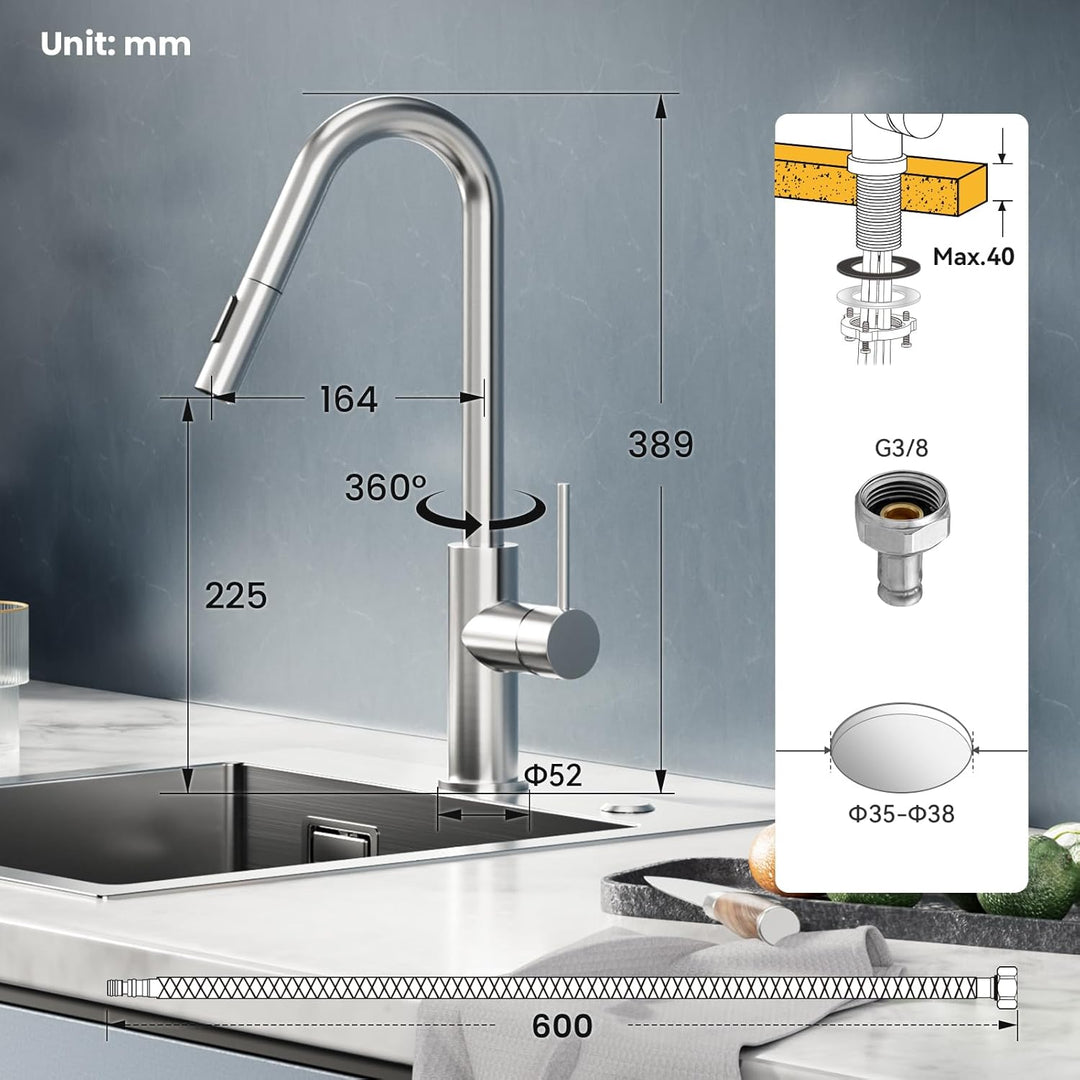 CECIPA Wasserhahn Küche, Hochdruck Küchenarmatur mit Brause Ausziehbar, V-förmiger Armatur Edelstahl