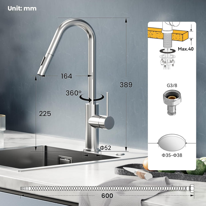 CECIPA Wasserhahn Küche, Hochdruck Küchenarmatur mit Brause Ausziehbar, V-förmiger Armatur Edelstahl