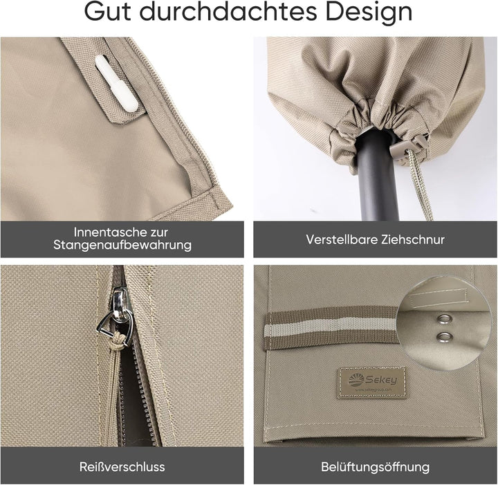 Sekey Schutzhülle für Ø 300 cm Sonnenschirm, Abdeckhauben für Sonnenschirm 170cm×27.5/33.5cm Taupe,