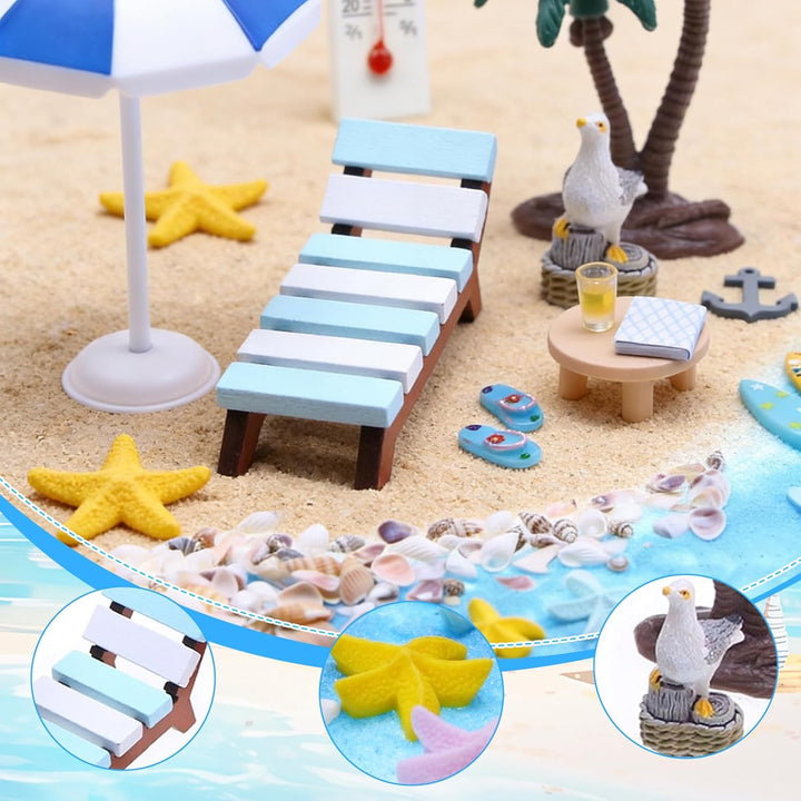 22 Stück Strand Mikrolandschaft, Strand Deko Miniatur Set, Mini Liegestuhl Kleine Tisch Schirm Palme