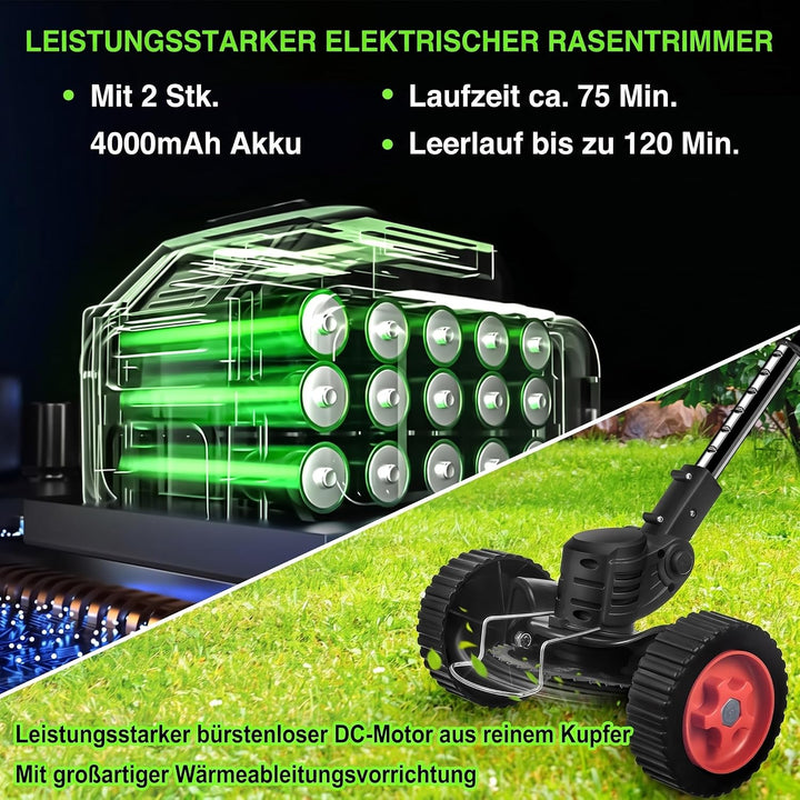 Rasentrimmer mit Rädern, 3-in-1 Freischneider &amp; Rasenkantenschneider, 24 V Akku-Rasenmäher Set mit 2