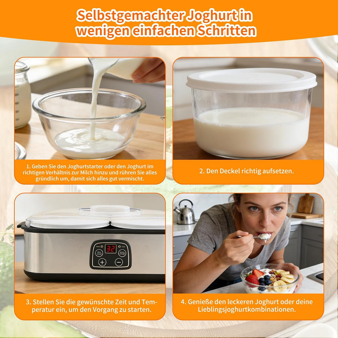 Joghurtbereiter, 2000 ml Automatischer Joghurtmaschine mit 2 Gläsern, Joghurt Maker mit Temperaturre