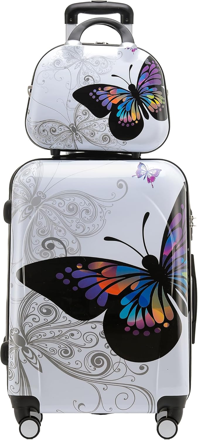 BEIBYE Butterfly 2060 4tlg Reisekoffer Trolley Hartschalen Kofferset (M-56cm+Beautycase) M-56cm + S