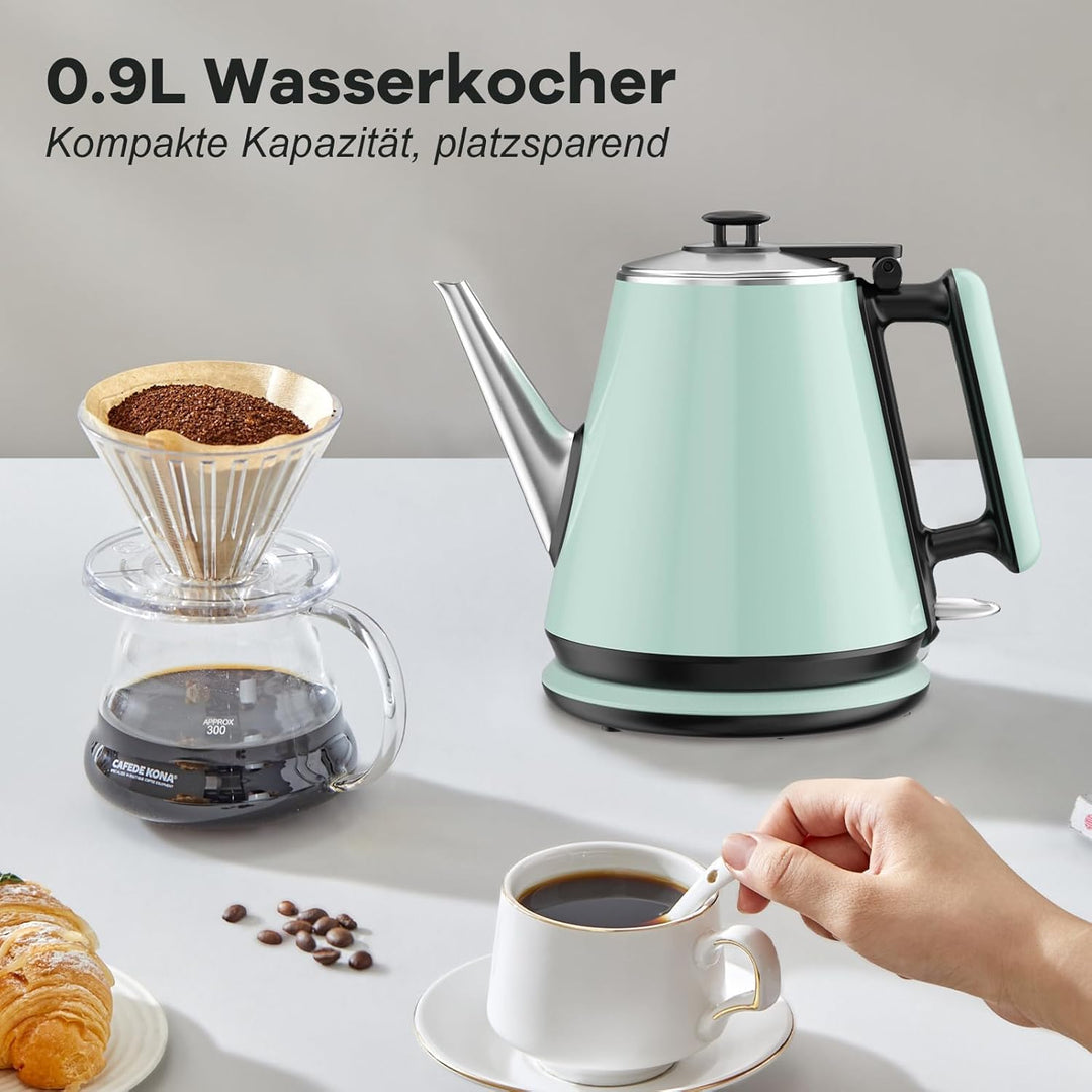 0,9L Wasserkocher - 304 Edelstahl, 1360W Schnellkochfunktion in 4-6 Minuten, Klassisches Kompaktes D