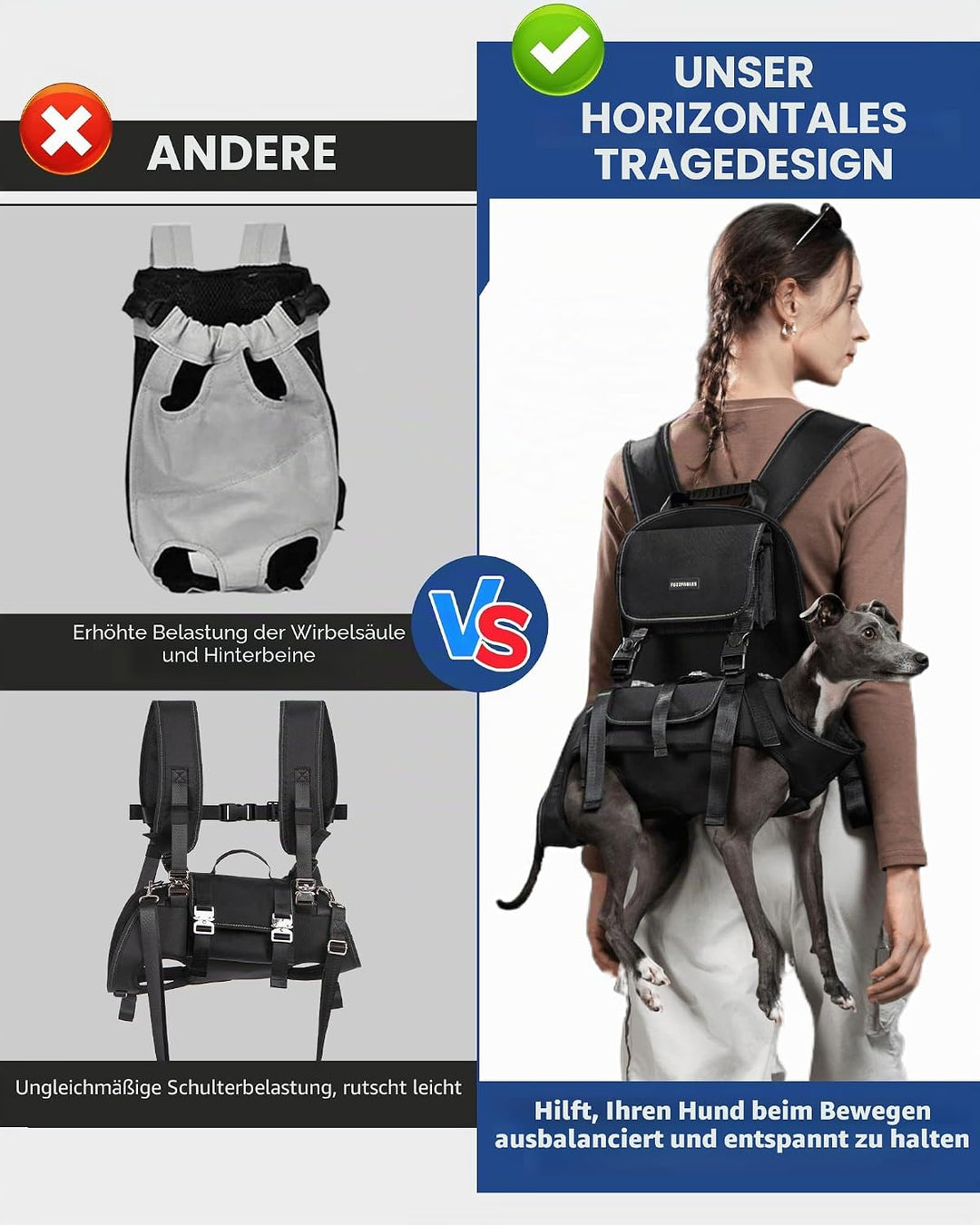 Hundetransportrucksack, Hebegurt für kleine Hunde, atmungsaktives Netzgewebe, Bequeme verstellbare G