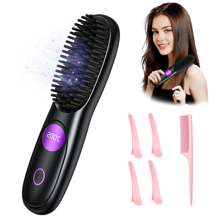Stylingbürste für Kurze Haare, Glättbürste Kabellos, Wiederaufladbare Haarglätter Bürste mit LED-Anz