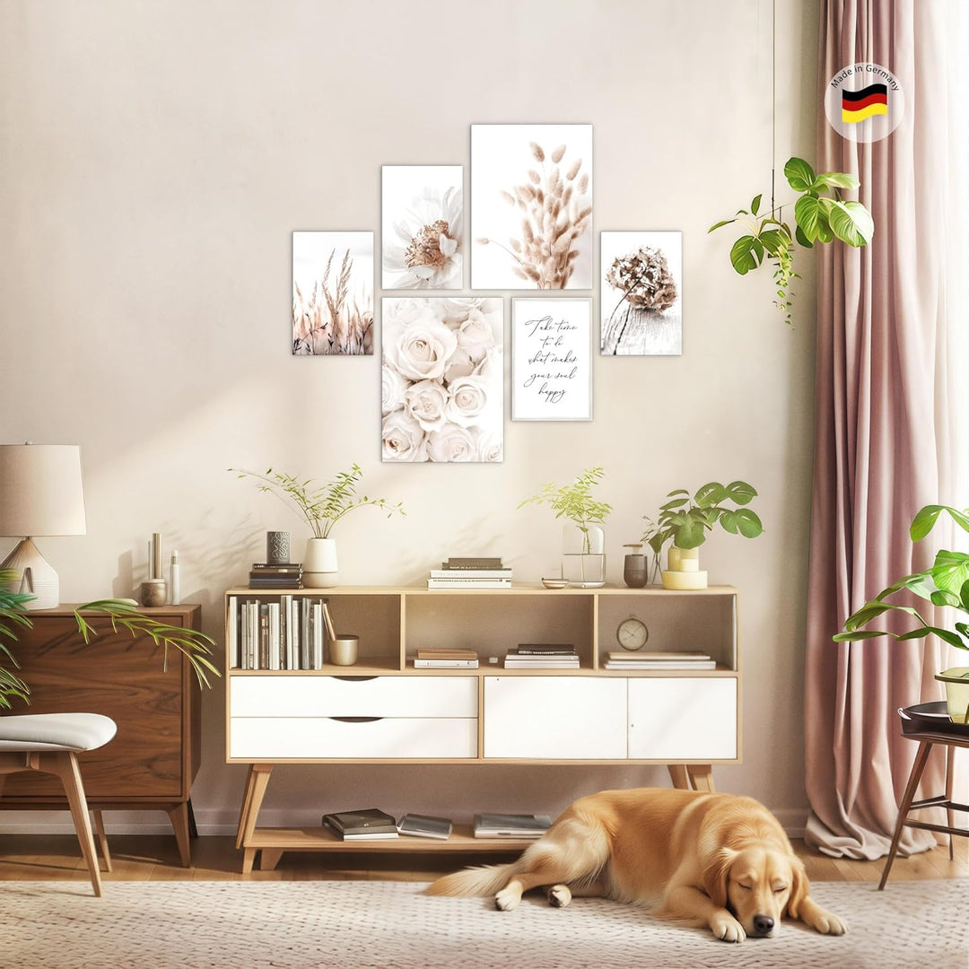 Novart Bilder Set - AUFHÄNGFERTIG - KEIN EXTRA RAHMEN BENÖTIGT - Boho Blumen Modern Beige - Wohnzimm
