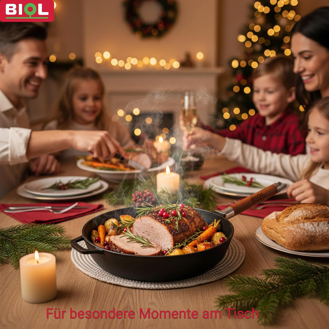 BIOL Gusseisen Pfannen Set 24 cm + 26 cm + 28 cm – 3-teilig – Mit abnehmbaren Holzgriffen – Für Indu