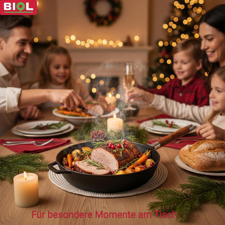 BIOL Gusseisen Pfannen Set 24 cm + 26 cm + 28 cm – 3-teilig – Mit abnehmbaren Holzgriffen – Für Indu