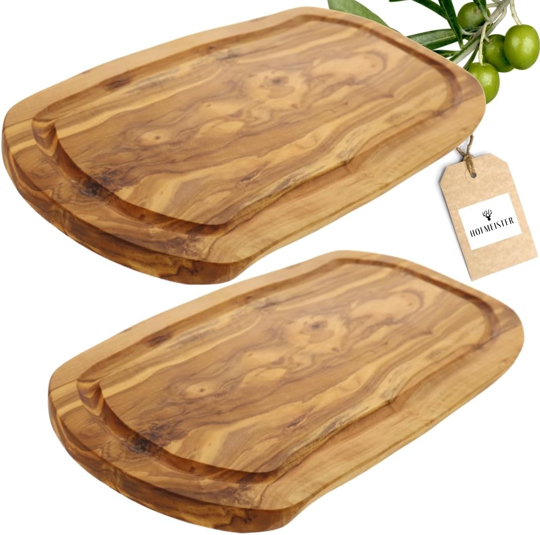 2x HOFMEISTER® Schneidebrett Saftrille Olivenholz - praktisches Set aus zwei Brettern aus Olive mit