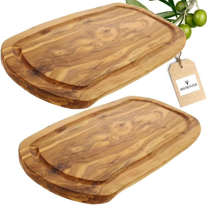 2x HOFMEISTER® Schneidebrett Saftrille Olivenholz - praktisches Set aus zwei Brettern aus Olive mit