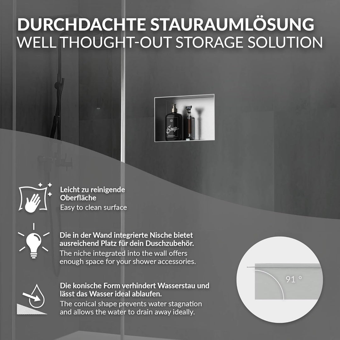 LuxeBath Wandnische aus Edelstahl, 20x30x10 cm, Silber, Duschnische, Randlos, Einbauregal, Flexibler