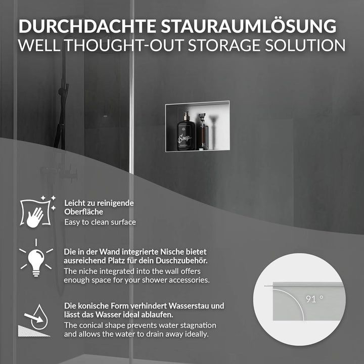 LuxeBath Wandnische aus Edelstahl, 20x30x10 cm, Silber, Duschnische, Randlos, Einbauregal, Flexibler