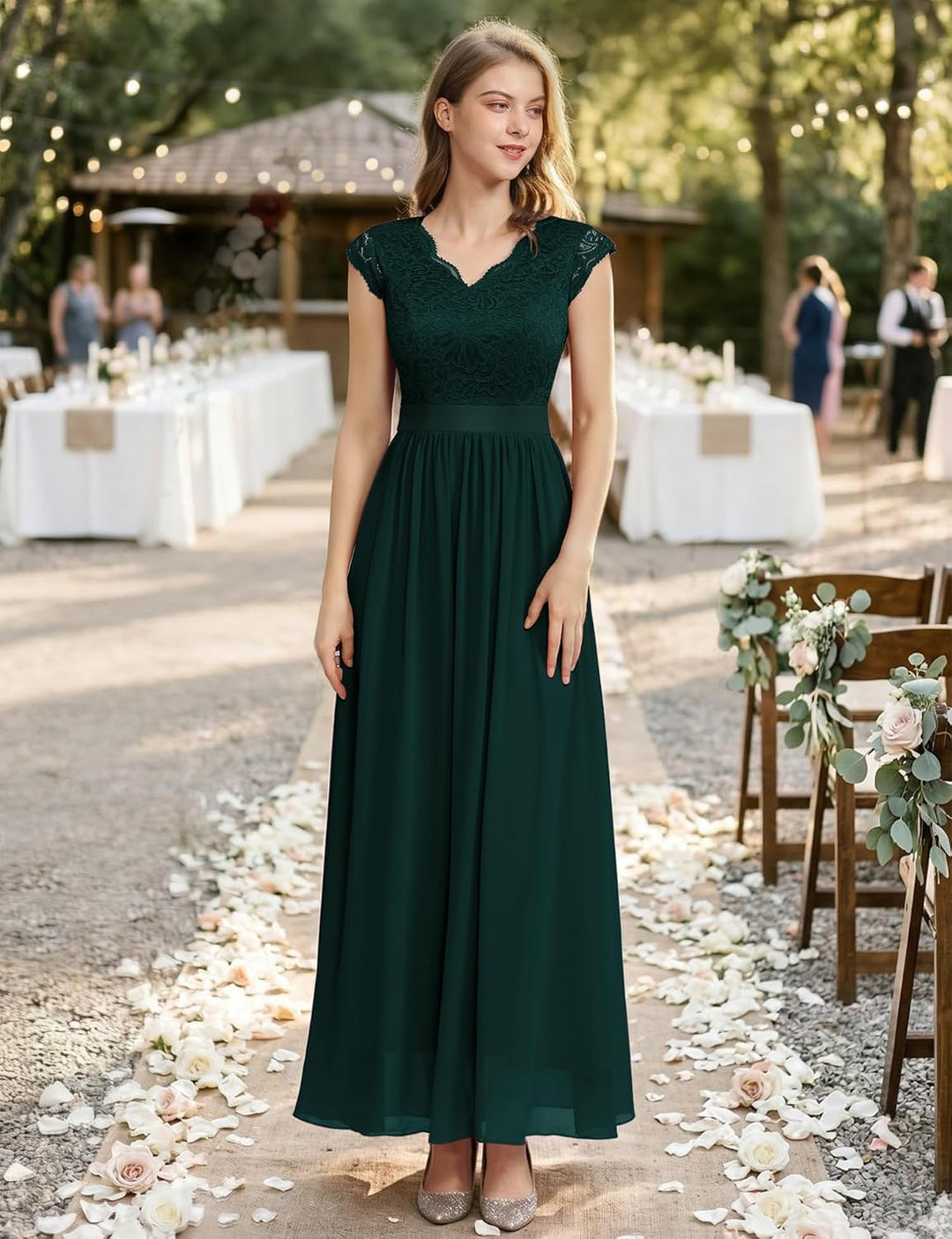 Dressystar Damen Ballkleid Maxi Lang Abendkleider Elegant für Hochzeit Spitzen Cocktailkeid XXL Band