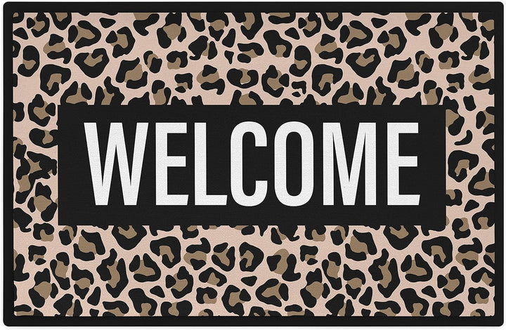 Trendation - Welcome Fussmatte Leopard Muster Willkommen Geschenk Aussen Innenbereich 60x40 cm Schmu
