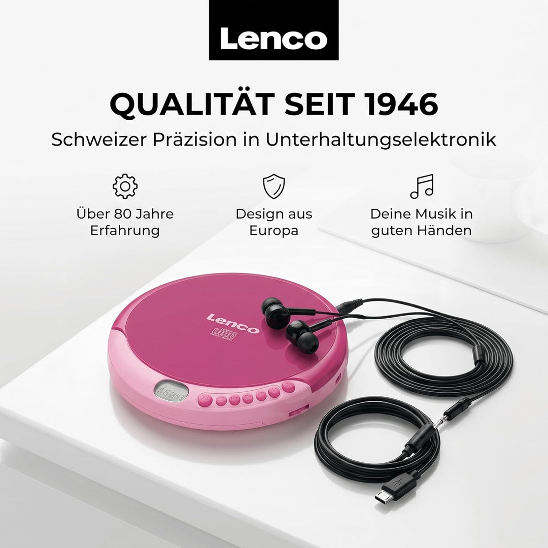 Lenco CD-011 - Tragbarer CD-Player Walkman - Diskman - CD Walkman - Mit Kopfhörern und Micro USB Lad