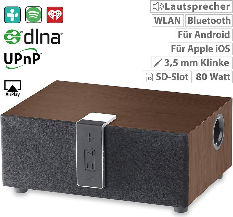 auvisio HiFi-Lautsprecher: WLAN-Multiroom-Lautsprecher mit Subwoofer, BT, Airplay, 80 W, walnuss (Br