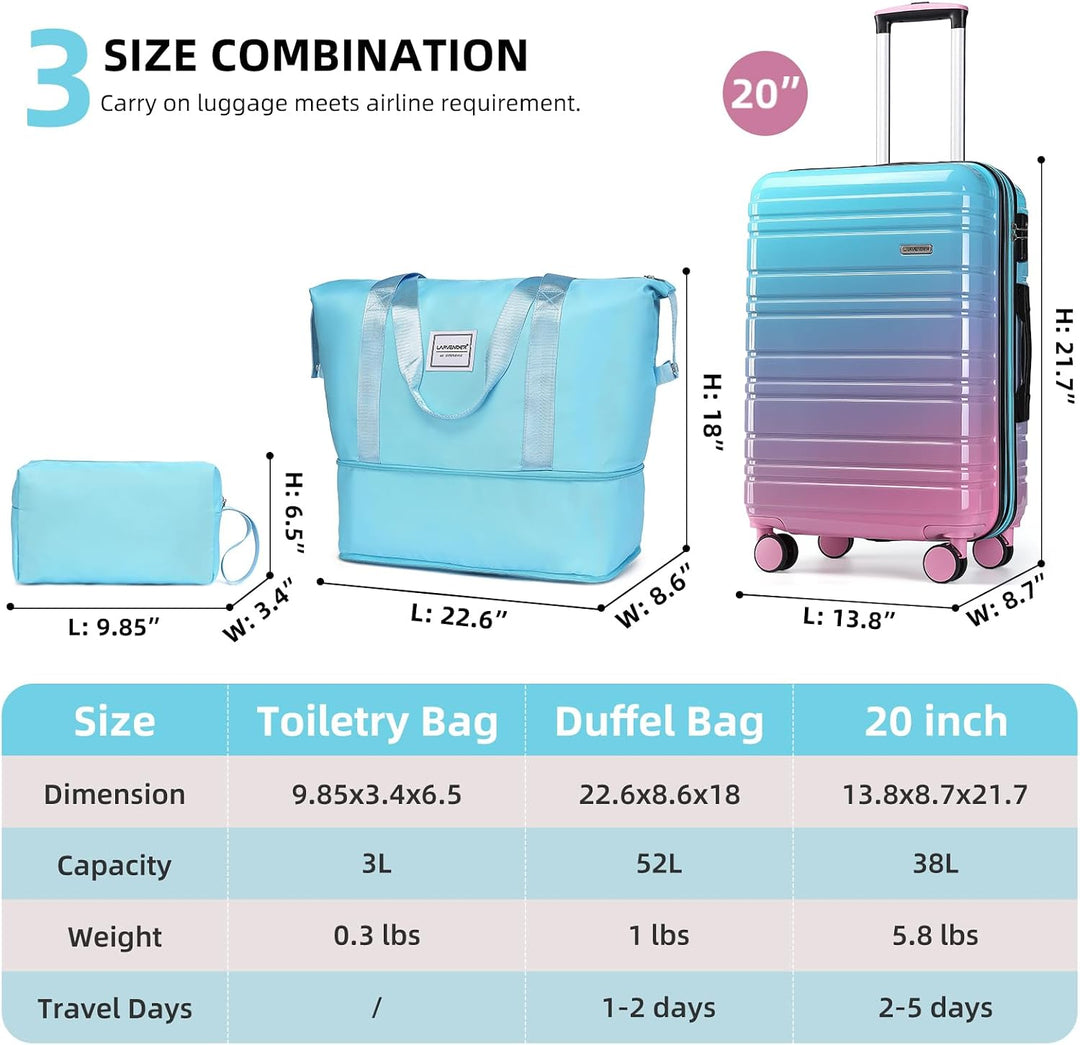LARVENDER Kofferset 3 Teilig, Handgepäck Koffer 55cm, Cotton Candy | Hartschalen Trolley 55x40x20cm,