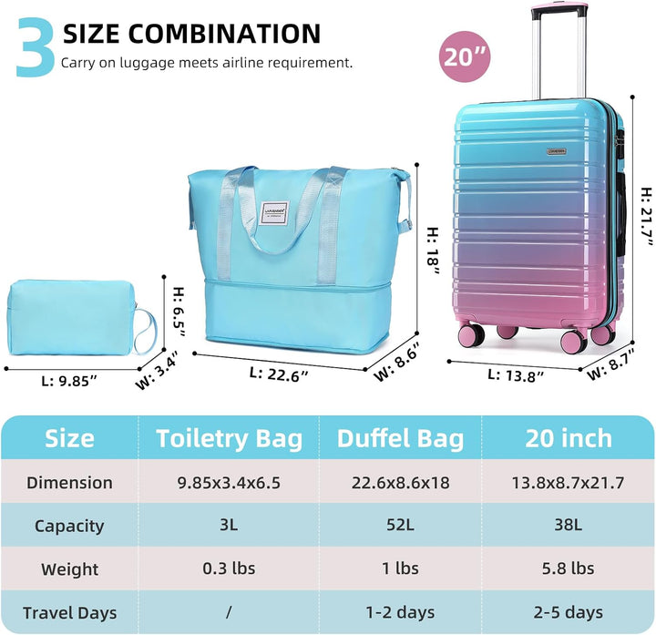 LARVENDER Kofferset 3 Teilig, Handgepäck Koffer 55cm, Cotton Candy | Hartschalen Trolley 55x40x20cm,