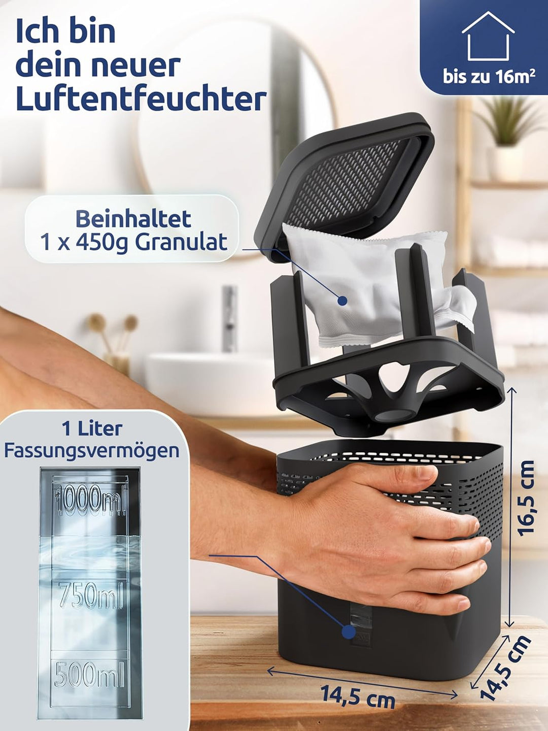BonAura® AirOne Lite Luftentfeuchter ohne Strom mit 360° Belüftung I Raumentfeuchter mit Ausgiesser