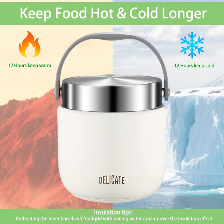 Thermobehälter für Essen 1200ml Edelstahl Warmhaltebehälter mit Faltbaren Löffel Thermobecher Essen
