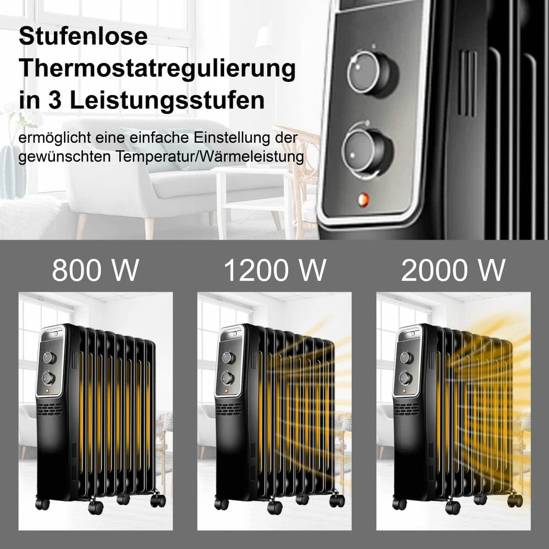 Ölradiator energiesparend Elektro-Heizkörper 2000 Watt mit Thermostat, regulierbar, 3 Heizstufen 800