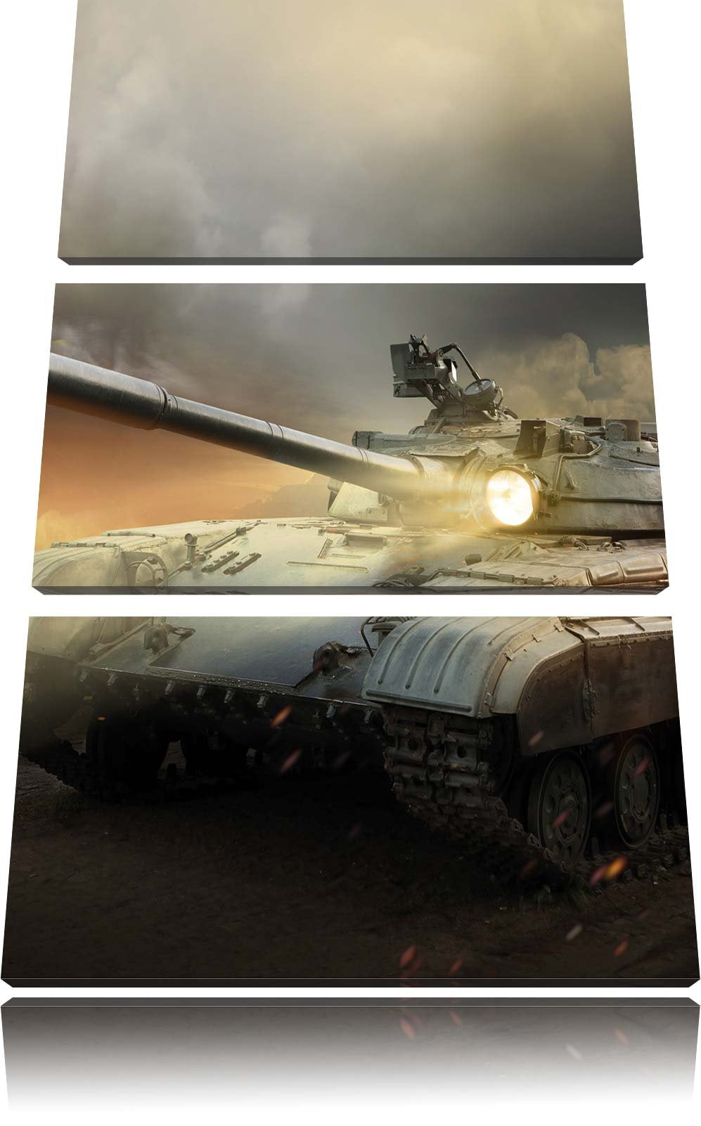 Pixxprint Panzer im Nebel 3Teiler 120x80 cm Leinwandbild Wandbild Kunstdruck