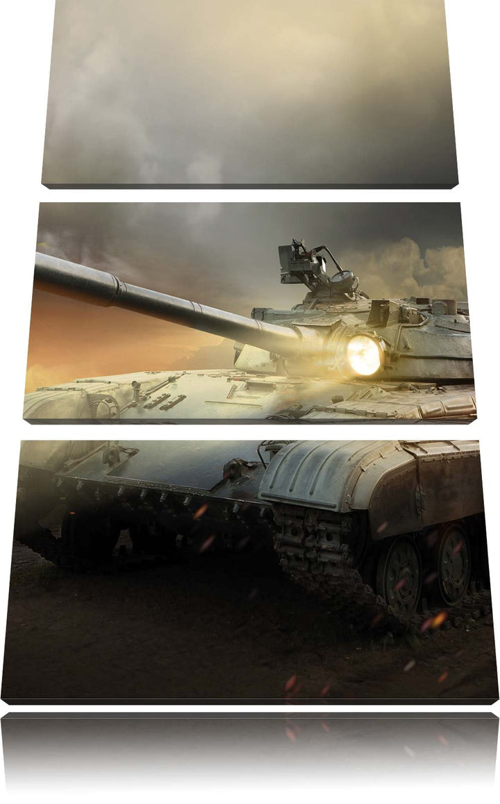 Pixxprint Panzer im Nebel 3Teiler 120x80 cm Leinwandbild Wandbild Kunstdruck