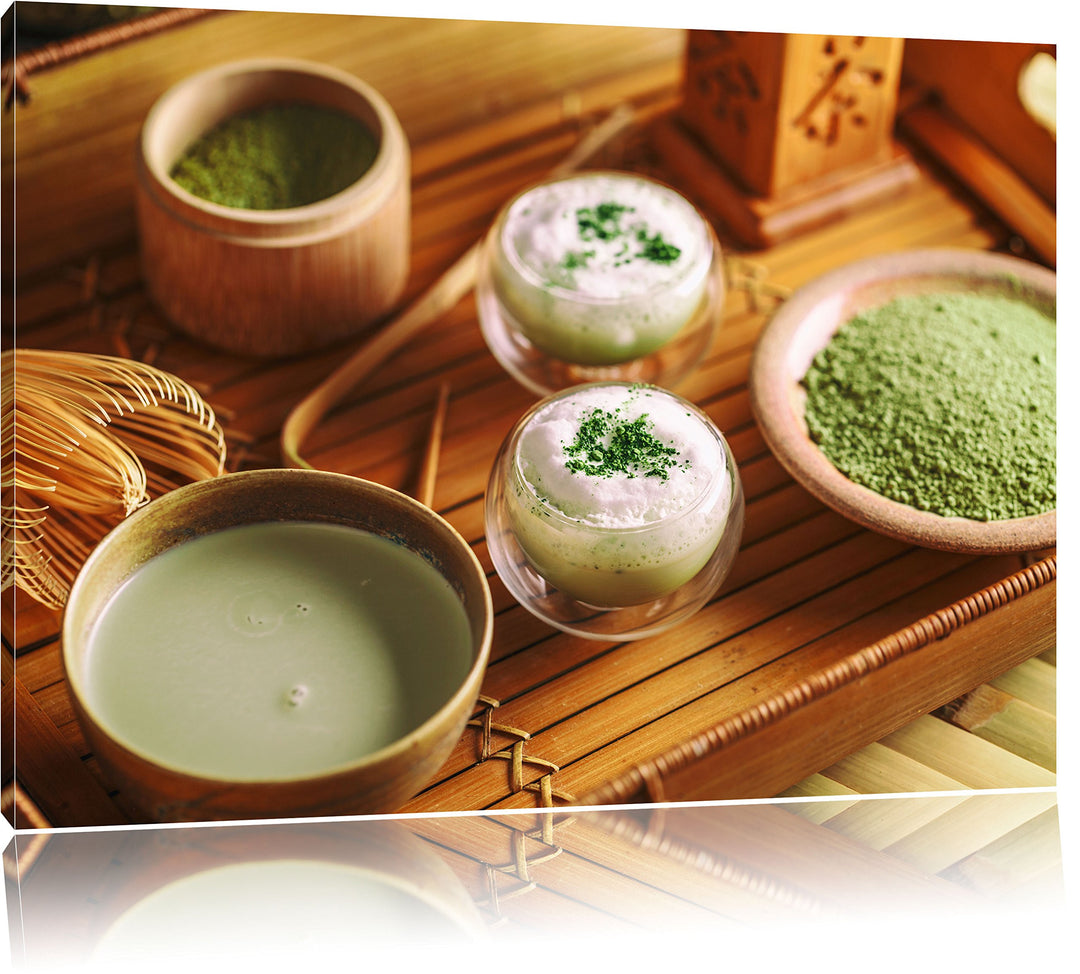 Pixxprint schön dekorierter Matcha Tee / 100x70cm Leinwandbild bespannt auf Holzrahmen/Wandbild Kuns