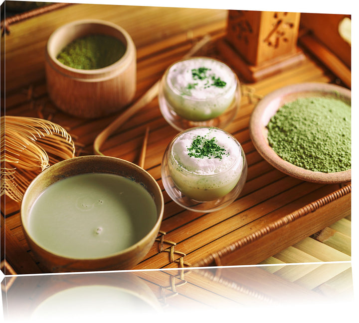 Pixxprint schön dekorierter Matcha Tee / 100x70cm Leinwandbild bespannt auf Holzrahmen/Wandbild Kuns