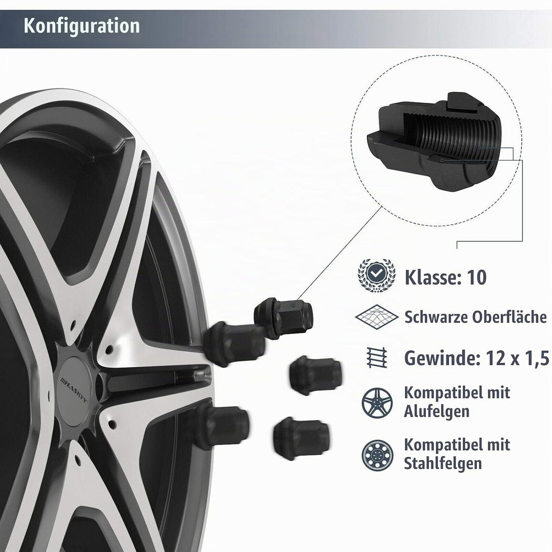 20x Radmutter SCHWARZ M12x1,5x34 Kegel 60° SW19 beweglich D28mm + 1x Radschraubenbeutel