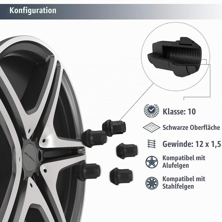 20x Radmutter SCHWARZ M12x1,5x34 Kegel 60° SW19 beweglich D28mm + 1x Radschraubenbeutel