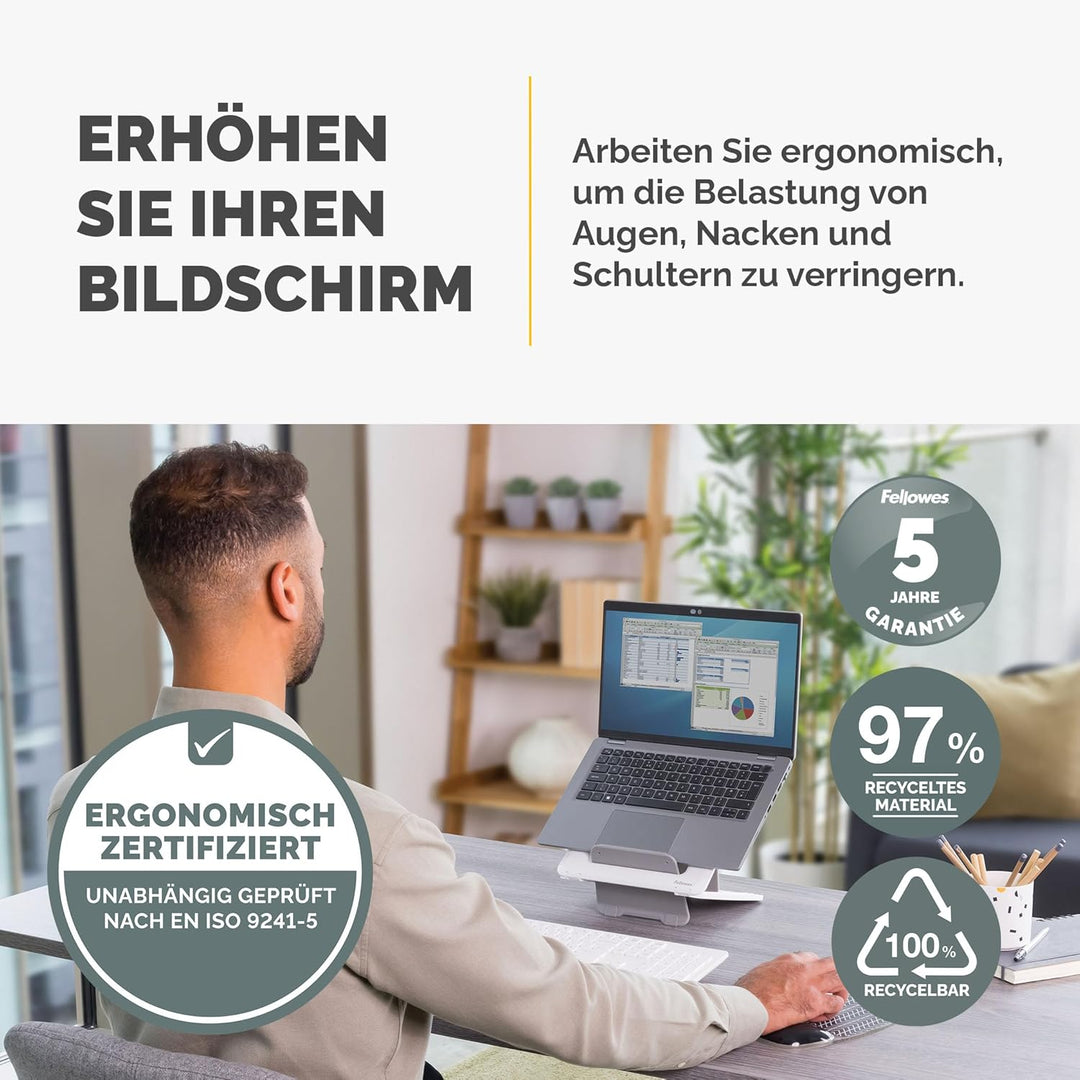 Fellowes Breyta™ Laptop-Ständer – verstellbar, 100% recycelbar, 12 Höhen, max. 15.6", 4kg. Für Zuhau