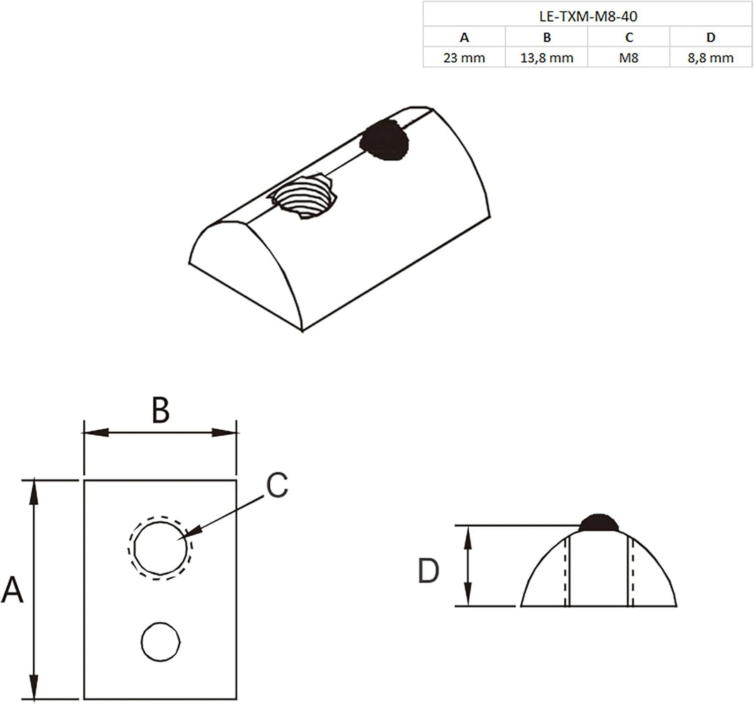 Nutenstein mit Federkugel und Steg M8 Nut 8 für Aluprofil 40-er - 100 Stück, 100 Stück