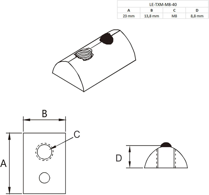 Nutenstein mit Federkugel und Steg M8 Nut 8 für Aluprofil 40-er - 100 Stück, 100 Stück