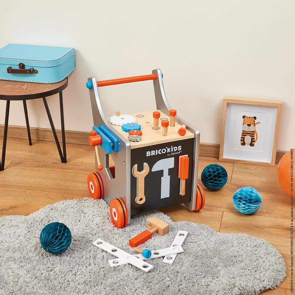 Janod - Brico'Kids Wooden Diy Trolley for Children - Magnetic - Pretend Play - 25 Tools and Accessor