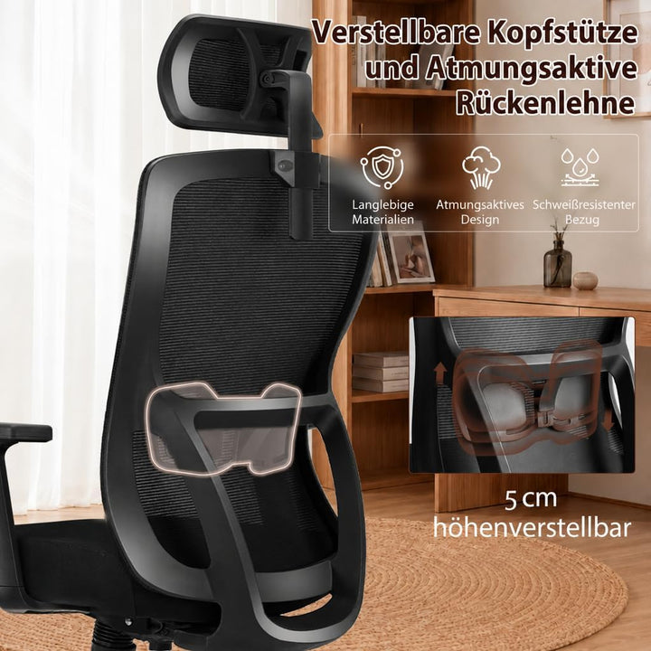 Ergonomischer Bürostuhl, Schreibtischstuhl mit Kopf-Lendenstütze | Höhenverstellbar,Verstellbare Arm