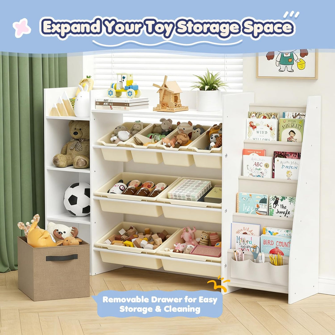 Kinderregal mit Boxen, Spielzeugregal Kinderzimmer mit 4 Ablagen, Fächern und 8 Behältern, Bücherreg